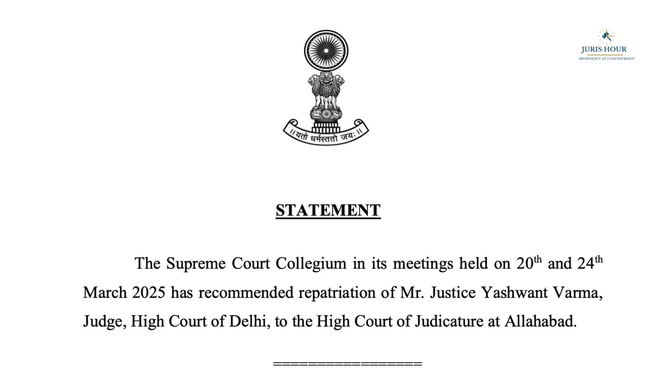 Justice Yashwant Varma Repatriated to Allahabad High Court Justice Yashwant Varma Repatriated to Allahabad High Court