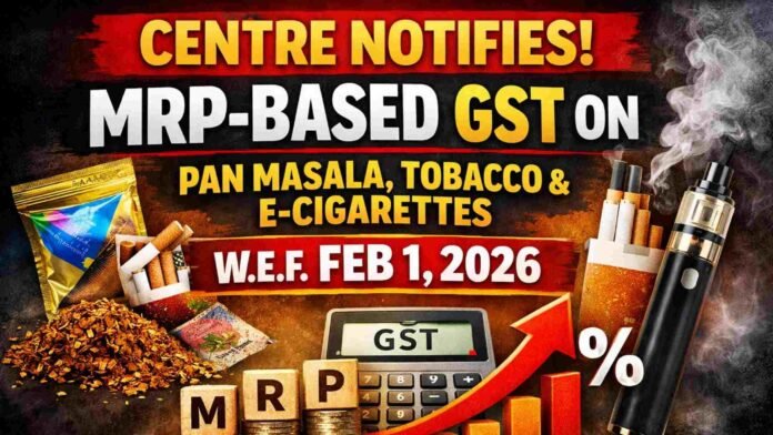 Centre Notifies MRP-Based GST Valuation for Pan Masala, Tobacco, E-Cigarette Products w.e.f February 1, 2026