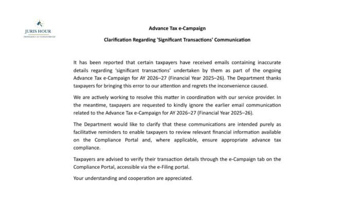 Taxpayers Receive Incorrect ‘Significant Transactions’ Emails Under Advance Tax e-Campaign: Income Tax Dept.