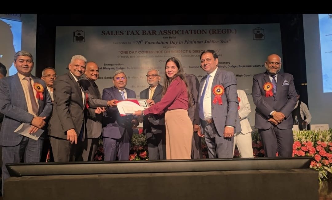 JurisHour founder, Ms. Mariya Paliwala, has secured the First Runner-up position in the G.C. Kanjhlia Memorial Article Writing Competition! Falicitated By Dr. Hon'ble Justice Sanjaya Kumar Mishra-President GSTAT; Rajesh Jain Hon'ble Member Judicial GSTAT; Narender Sharma Adv.-Secretary; CA Pramod Gupta; Adv. Sanjay Sharma- President; CA Ajay Gupta; Adv. Ashok Sharma, Adv. Rahul Gupta