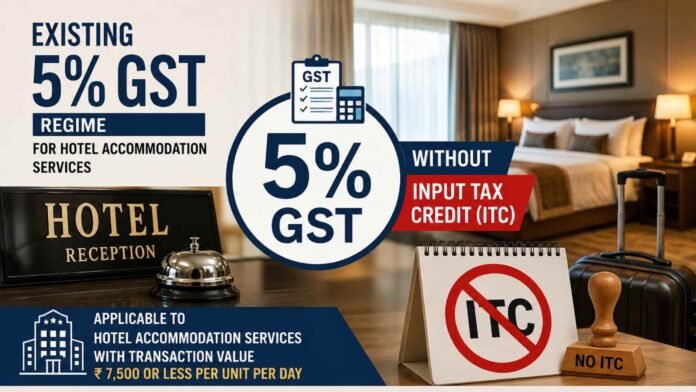 Centre Conducted No Study on 5% GST Regime Without ITC for Hotel Accommodation Services; No Review Pending Before GST Council Centre Conducted No Study on 5% GST Regime Without ITC for Hotel Accommodation Services; No Review Pending Before GST Council